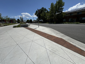 Cast iron solid cover in decorative Argo pattern by Iron Age Designs. Streetscape installation to curb inlet.