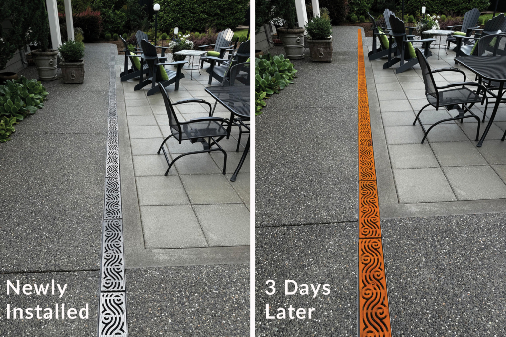 Cast iron trench grates shown aging from newly installed to oxidization 3 days later