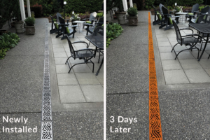 Cast iron trench grates shown aging from newly installed to oxidization 3 days later