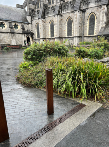 Decorative cast iron trench grates in Interlaken pattern in front of Christ Church Cathedral in Dublin
