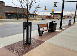 Decorative cast iron tree grate, powder coated tree guard and laser-cut steel bench ends in matching Minnione pattern