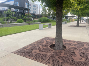 Cast iron tree grate in decorative Oblio pattern from Iron Age Designs. Installed in community plaza.