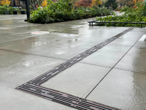 Decorative cast iron trench grate in Rain pattern