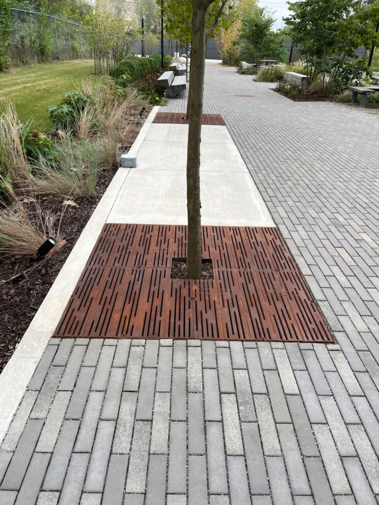 Cast iron tree grate in decorative Rain pattern by Iron Age Designs.