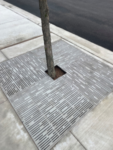 Raw cast aluminum tree grate in decorative Rain pattern from Iron Age Designs. Streetscape installation.