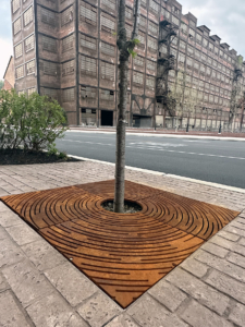 Cast iron tree grate in decorative Spin pattern from Iron Age Designs. Streetscape installation.