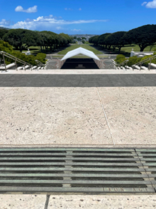 Cast bronze trench drain grate shown overlooking Punchbowl Monument in Honolulu HI