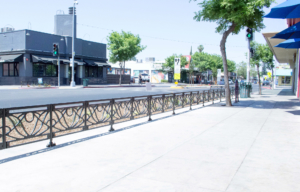 Decorative cast iron planter fence in Belle pattern with black powder coat finish.