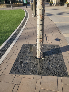 Cast iron radius trench grates and tree grate in Oblio pattern which suggests circular ripples on water