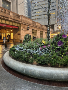 Cast iron radius drain grate in linear Que pattern, shown at base of large planters in One Vanderbilt Plaza