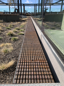 Cast iron trench drain grate in linear Plex pattern. Shown in rooftop garden.