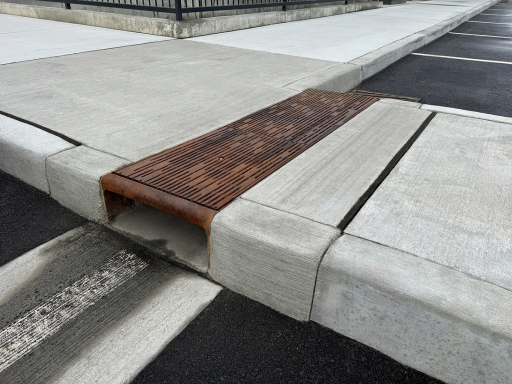 Cast iron curb inlet with decorative cast iron trench grates in Rain pattern by Iron Age Designs covering open runnel in sidewalk.