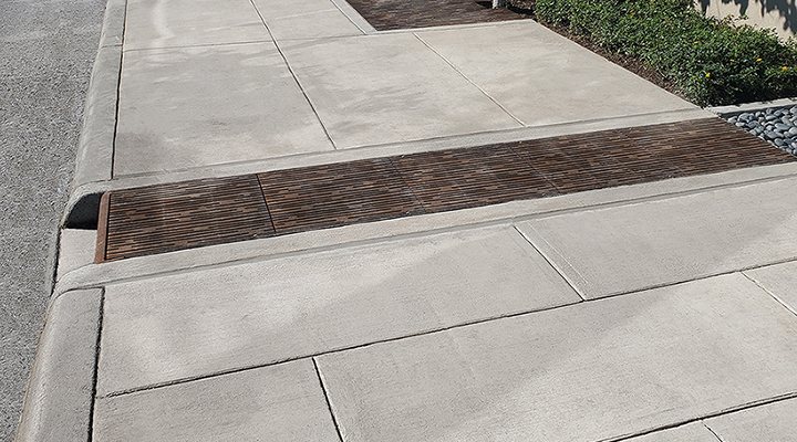 Curb Inlet with decorative grates covering runnel across sidewalk to bioswale on other side.