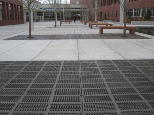 Cast iron grate panel in decorative Explora pattern by Iron Age Designs, Arrayed as a large tree grate.