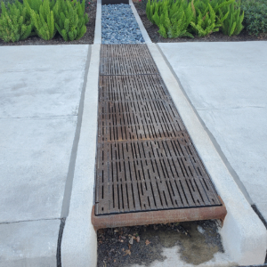 Curb Inlet with decorative grates covering runnel across sidewalk to bioswale on other side.