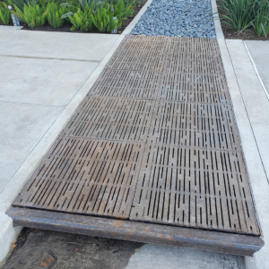 Curb Inlet with decorative grates covering runnel across sidewalk to bioswale on other side.