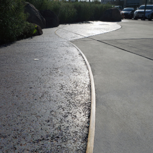 Cast bronze angle embedded to separate two styles of decorative concrete