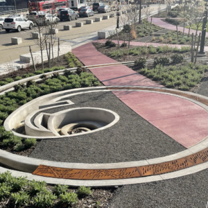 Cast iron radius trench grate with custom 'braid' pattern