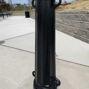 Cast aluminum bollard with black powder coat finish, featuring classic "Main Street" design