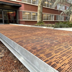 Cast metal pedestrian bridge installed in front of university building