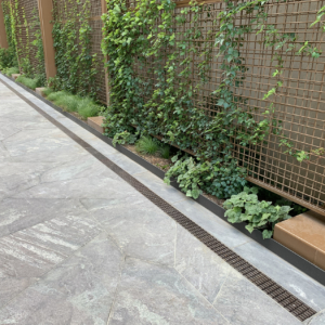 Decorative cast iron trench grate in Plex pattern in front of living green wall