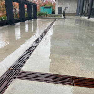 Decorative cast iron trench grate in Rain pattern