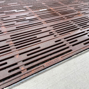 Decorative cast iron catch basin grate in Rain pattern
