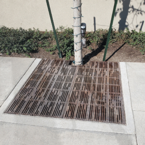 Decorative cast iron catch basin grate in Rain pattern, arrayed as a partial tree grate