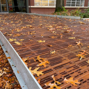 Pedestrian bridge constructed from Rain cast iron grate panels