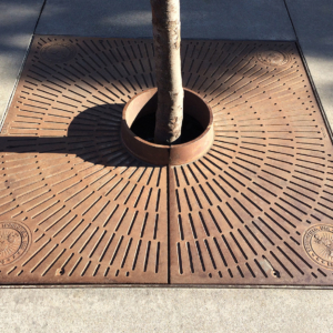 Custom cast iron tree grate with Duff Brewery logos in corners