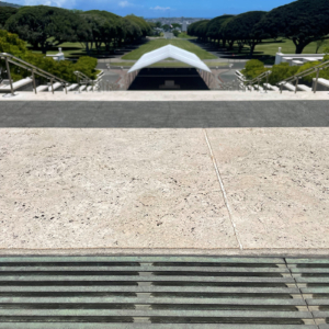 Cast bronze trench drain grate shown overlooking Punchbowl Monument in Honolulu HI