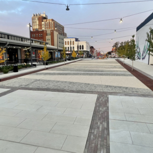 Large cast iron tree grate array in decorative Rain pattern, installed in front of Lexington Market