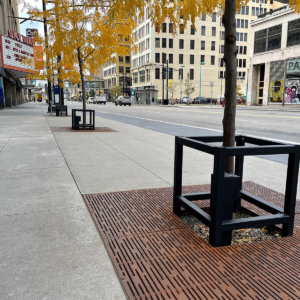 Custom square tree guard and cast iron tree grate in Rain pattern, both from Iron Age Designs.