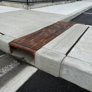 Cast iron curb inlet with decorative cast iron trench grates in Rain pattern by Iron Age Designs covering open runnel in sidewalk.
